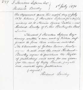 Publishing contract between Joseph Sheridan Le Fanu and Richard Bentley for 